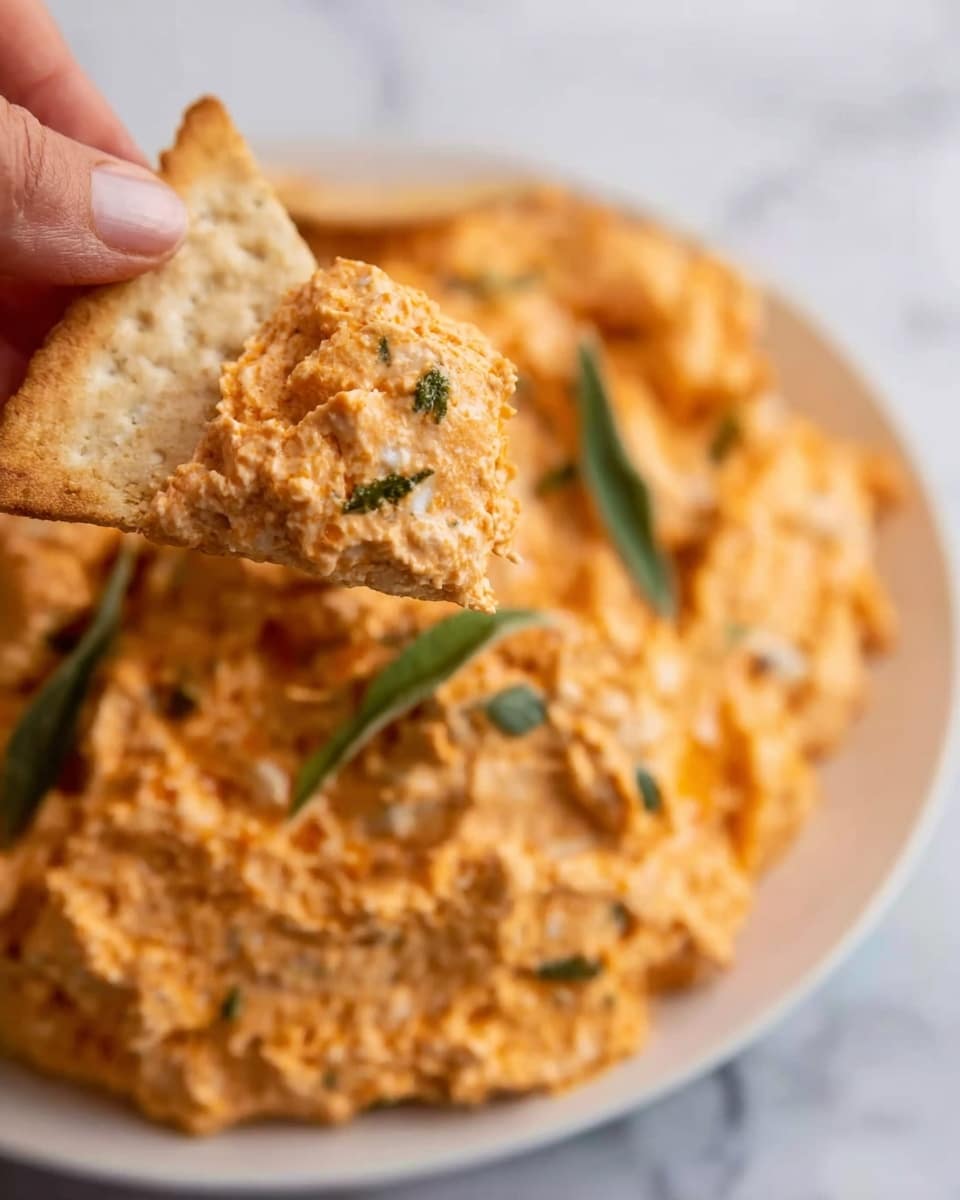 The image shows a close-up of a white plate filled with a creamy, orange-colored spread that has a thick, slightly chunky texture. Some small bits of green herbs are mixed into the spread, adding spots of color. In the foreground, a woman's hand holds a triangular cracker dipped with the same orange spread, showing the thick texture on top. The background surface has a white marbled texture. photo taken with an iphone --ar 4:5 --v 7