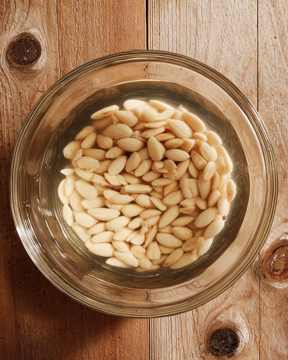A clear glass bowl filled with light beige peeled almonds soaking in water. The almonds vary slightly in color, some appearing a bit darker tan, all submerged in clear water. The bowl sits on a wooden surface with natural grain and knots visible around it. The perspective is from above, showing mostly the top half of the bowl. The light is soft and natural, reflecting gently off the water and almonds. photo taken with an iphone --ar 4:5 --v 7