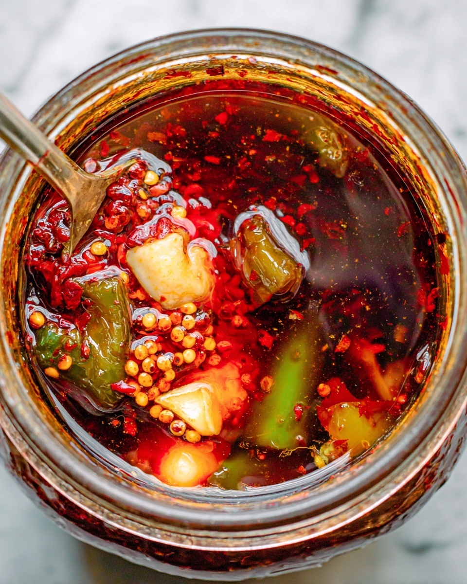 This image shows a close-up of a jar filled with a dark red oily sauce. The sauce has layers of bright red chili oil floating on top, with visible small chili flakes and seeds. Inside the sauce, there are pieces of green and red chili peppers and chunks of garlic that are pale yellow and soft. The sauce has a glossy, oily texture with some bubbles on the surface, and a metal spoon is partially dipped into the jar. The jar sits on a white marbled surface. photo taken with an iphone --ar 4:5 --v 7