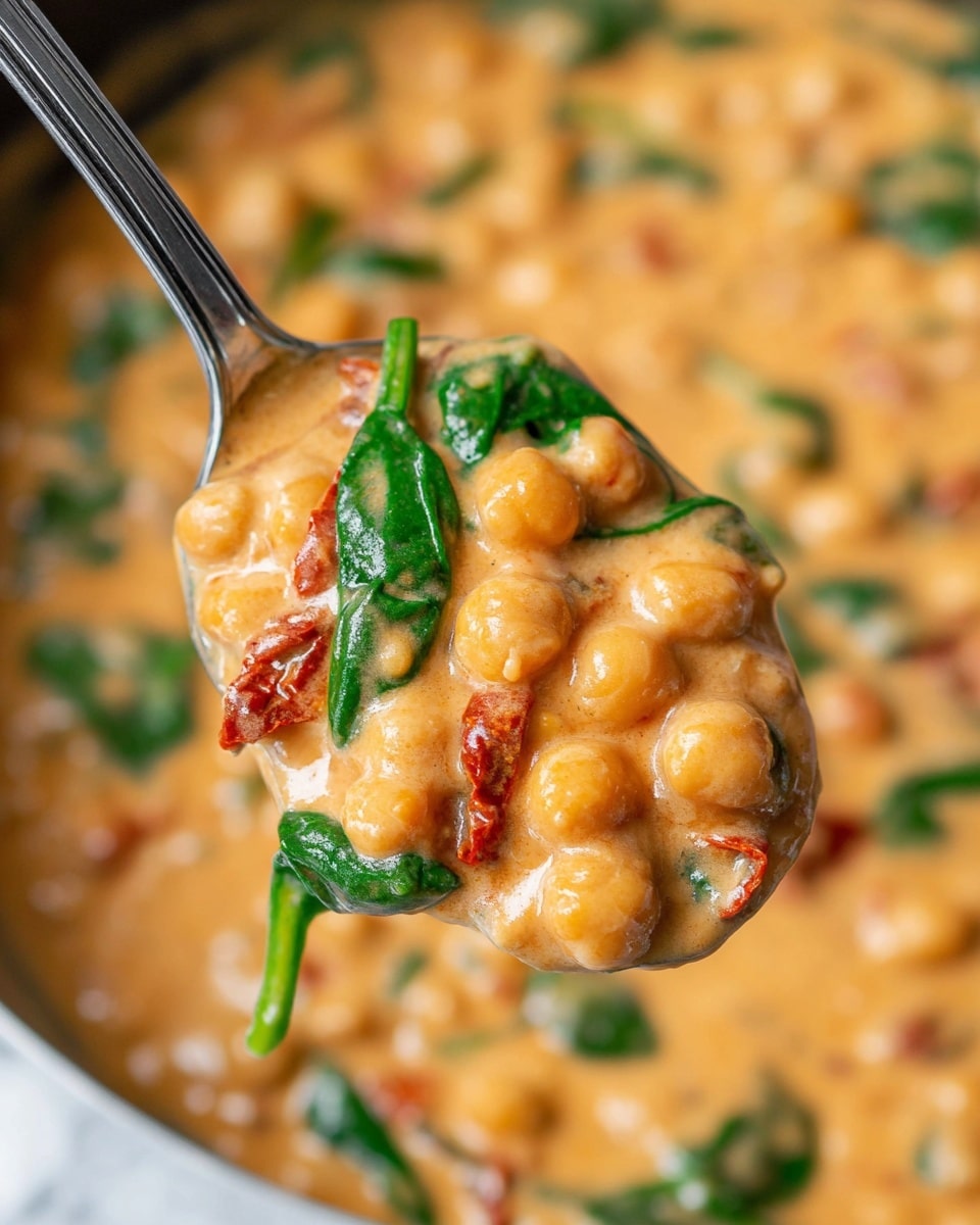 A close-up of a silver spoon holding a creamy, orange sauce with small round chickpeas mixed throughout. The sauce has a smooth, slightly thick texture and contains bright green spinach leaves and small pieces of red sun-dried tomatoes scattered inside. The background shows more of the same chickpea mixture in a rich sauce with visible bits of green spinach and red tomato pieces, all placed on a white marbled surface. photo taken with an iphone --ar 4:5 --v 7