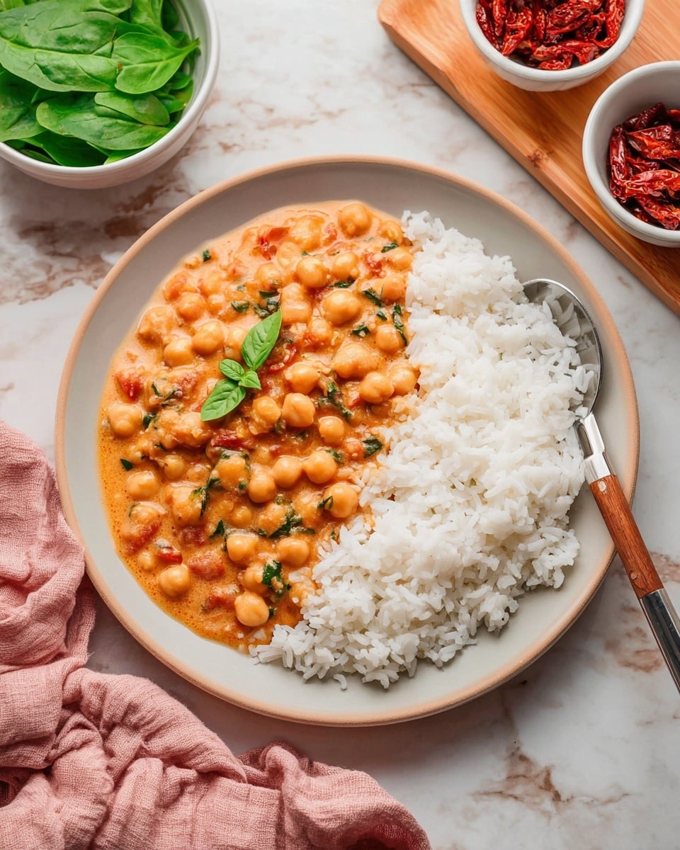 A round white plate with two main layers: one half shows a neat pile of white rice with a soft, fluffy texture, while the other half holds a thick chickpea curry in an orange creamy sauce dotted with small green herbs and pieces of red tomato. The curry has visible chickpeas with a smooth, slightly shiny texture and is garnished with fresh basil leaves. The plate is set on a white marbled surface with a silver spoon that has a wooden handle beside it. Nearby, there are small white bowls containing green leafy vegetables and red sun-dried tomatoes on a wooden tray. A soft pink cloth is folded partially under the plate. photo taken with an iphone --ar 4:5 --v 7