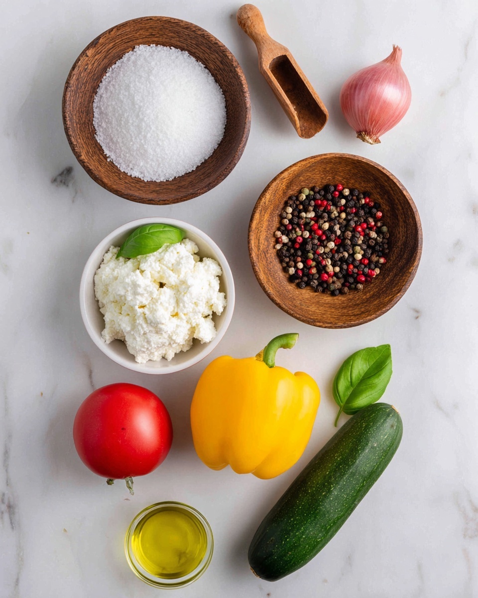 The image shows a flat layout of fresh ingredients on a white marbled surface. At the top, there are two wooden bowls, the left filled with coarse white salt and a small wooden scoop inside, and the right filled with mixed whole peppercorns in black, red, and white shades with a small wooden scoop. Below these, on the left side, is a small white bowl filled with soft white cottage cheese with a textured surface. Next to it, a small white bowl contains bright green basil leaves. In the center sits a smooth, shiny yellow bell pepper, while to the right of it is a smooth red tomato. Below these, a small pink shallot with a dry outer skin is placed near a dark green cucumber with a fresh shiny peel. To the right bottom corner, a small clear glass bowl contains a light yellow liquid, likely oil or vinegar. The composition is clean and organized, with natural colors standing out against the white marbled surface photo taken with an iphone --ar 4:5 --v 7