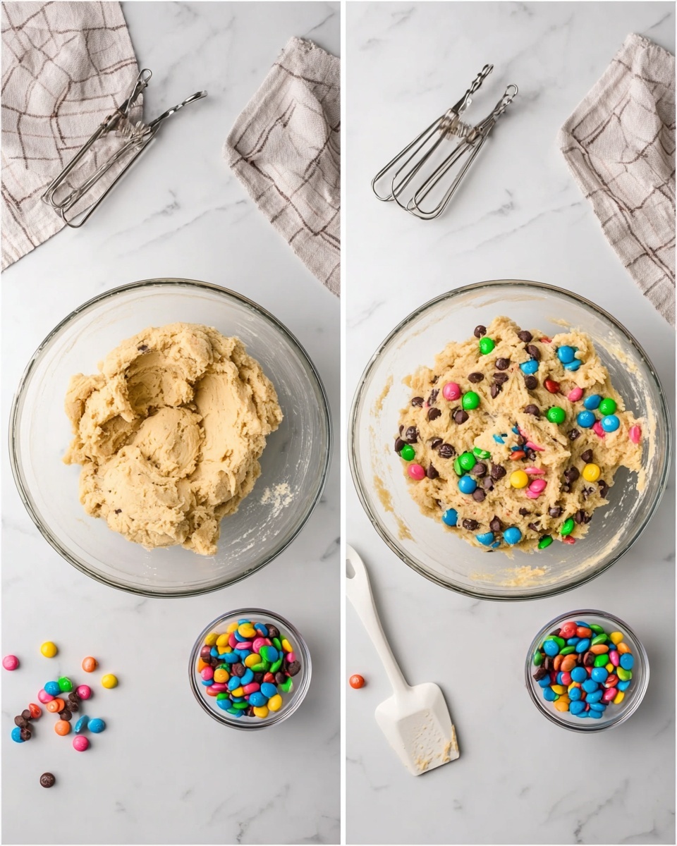 Two images side by side show the process of making cookie dough with candy. Both images have a clear glass bowl on a white marbled surface, with a cloth and two small clear glass bowls containing colorful candy and chocolate chips nearby. The left image shows a rough light beige dough in the glass bowl and two metal beaters above it with a bit of dough on them. The right image shows the dough mixed with colorful candy pieces and chocolate chips spread through it, with a white spatula resting next to the bowl and the small bowl of candy reduced. photo taken with an iphone --ar 4:5 --v 7
