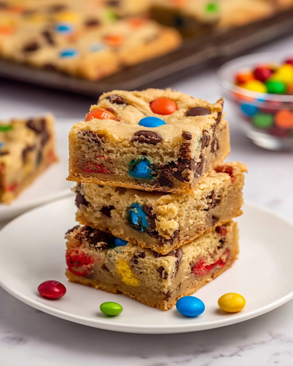 A white plate holds a stack of three square cookie bars, each thick and dense with a golden-brown color mixed with colorful candy pieces like red, blue, yellow, green, and orange M&Ms on top and throughout the layers. The cookie bars have a soft, slightly crumbly texture with visible chunks of chocolate inside. Around the base of the stack on the plate, a few loose candy pieces add bright spots of color. In the background, there is a larger cookie bar on a dark tray and a bowl filled with colorful candies, all set on a white marbled surface. photo taken with an iphone --ar 4:5 --v 7