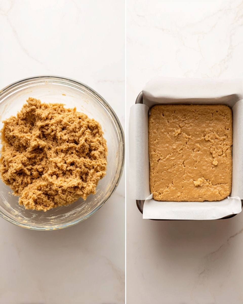 The image shows two stages of a baking process side by side on a white marbled surface. On the left, there is a clear glass mixing bowl filled with a thick, light brown dough with a crumbly texture that is slightly uneven on top. On the right, the dough has been spread evenly into a square glass dish lined with white baking paper, forming a flat layer with small, uneven indentations visible on the surface. The dough layer has a rough texture and a consistent light brown color. photo taken with an iphone --ar 4:5 --v 7