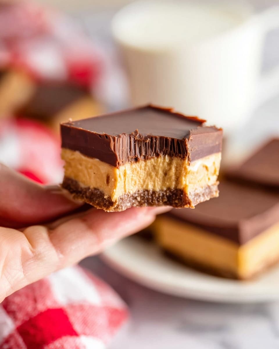 A close-up of a woman's hand holding a square piece of layered dessert with two clear layers: the bottom layer is thick, creamy, and light brown with a smooth but slightly textured surface, while the top layer is a thinner, smooth, dark brown chocolate layer that has a bite taken out showing the layers clearly. In the soft-focus background, there is a white cup filled with milk and a white plate with more dessert pieces on a white marbled surface with a red and white checkered cloth nearby. photo taken with an iphone --ar 4:5 --v 7