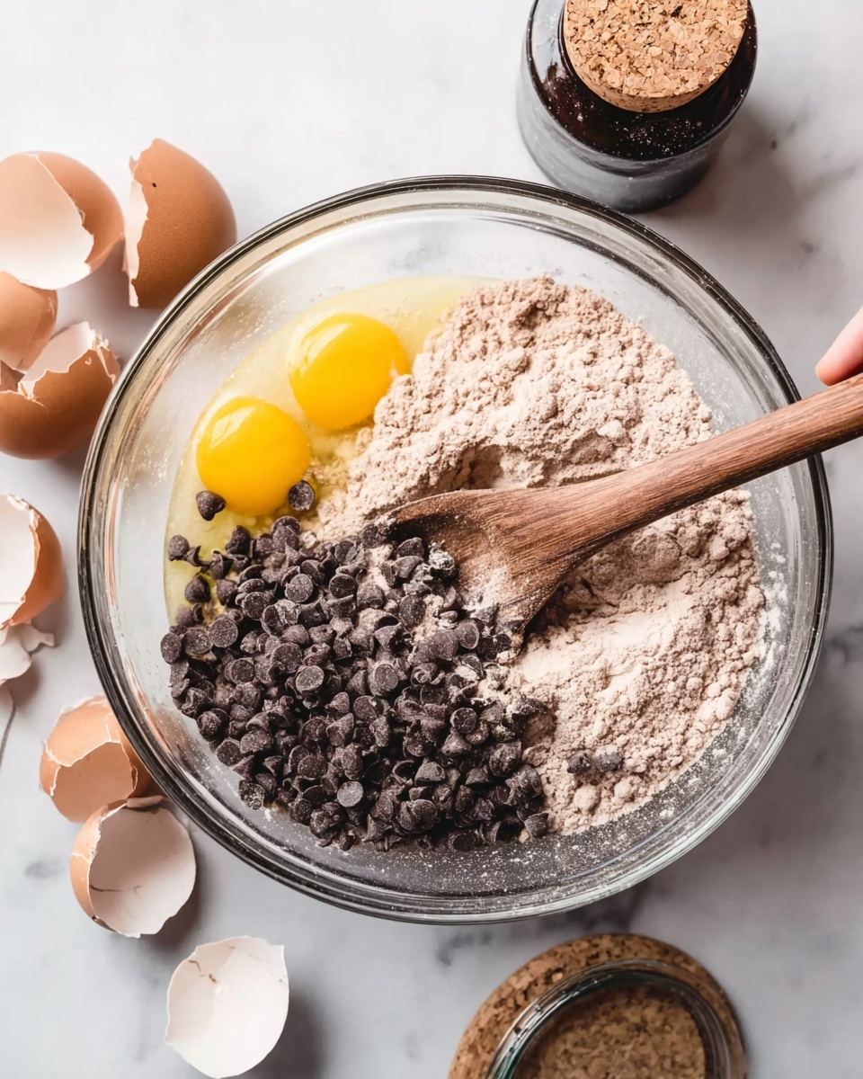A clear glass bowl sits on a white marbled surface, filled with a mix of different layers for baking. On the left side of the bowl, there are two cracked eggs with yellow yolks visible, and on the right side, a heap of light brown dry powder, possibly flour or a baking mix, topped with a generous layer of dark chocolate chips. A woman’s hand is holding a wooden spoon inside the bowl, stirring the ingredients slightly. Surrounding the bowl are cracked eggshells and a dark container with a cork lid, all placed on the white marbled surface. photo taken with an iphone --ar 4:5 --v 7