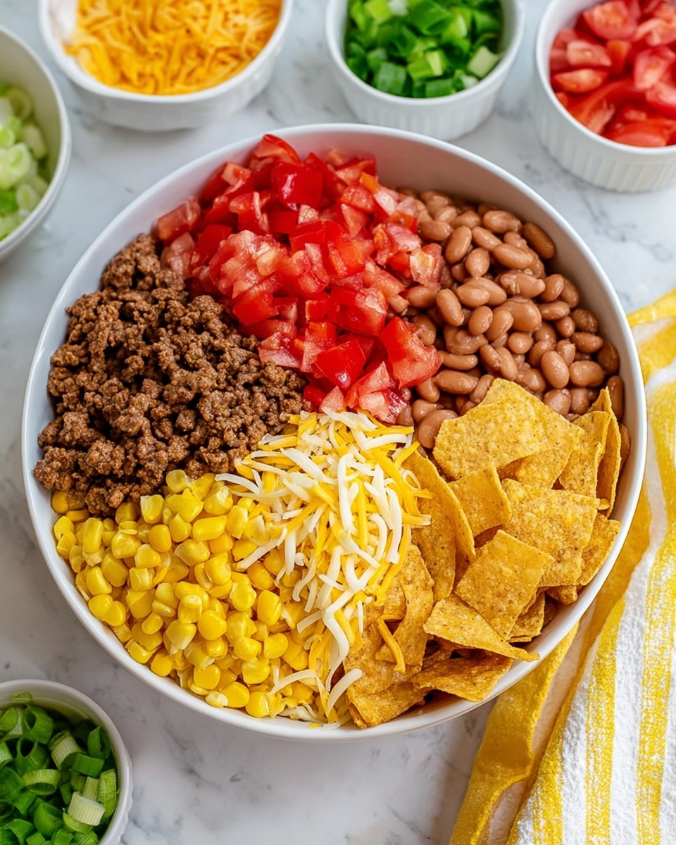 A close-up of a white bowl filled with six distinct layers arranged side by side: bright yellow corn kernels on the bottom left, shredded yellow and white cheese next to the corn, a pile of cooked brown ground beef on the top left, diced red tomatoes in the center, light brown beans on the top right, and crunchy light brown corn chips on the bottom right. The bowl rests on a white marbled surface with small white bowls containing chopped green onions and diced tomatoes nearby, along with a yellow and white striped cloth at the bottom right corner. Photo taken with an iphone --ar 4:5 --v 7