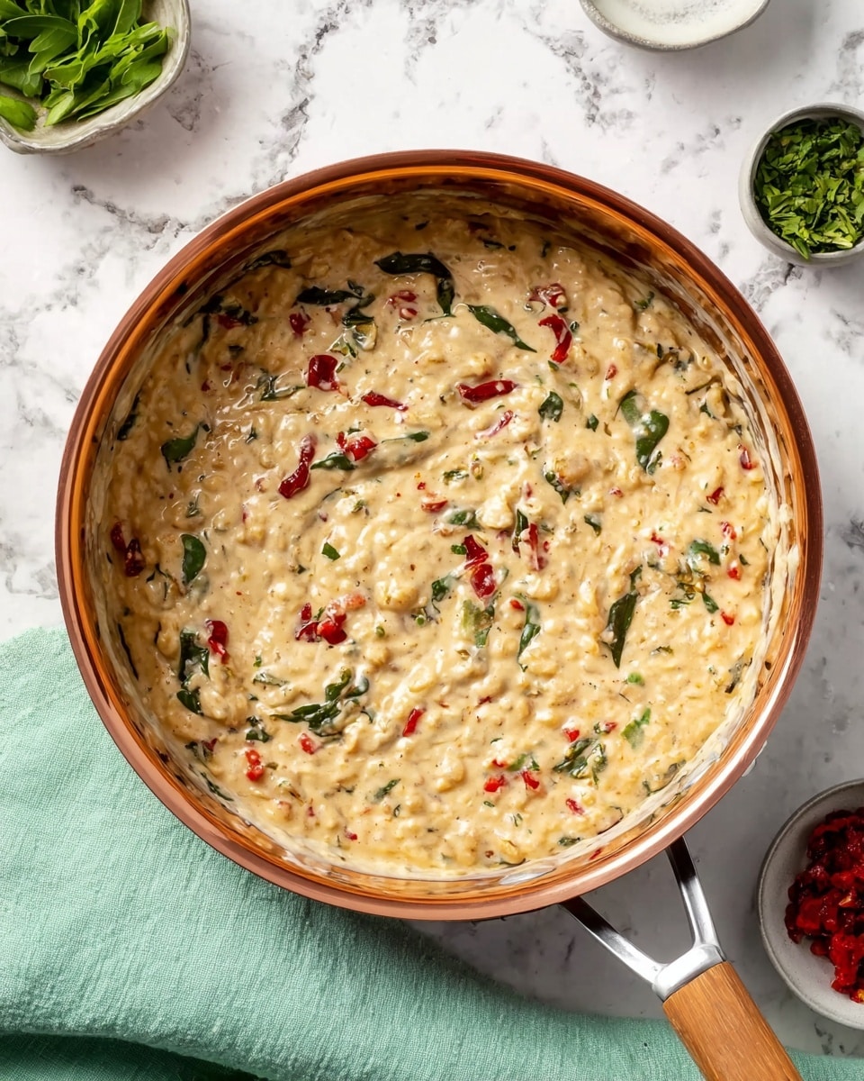 The image shows a copper saucepan filled with a creamy dish that has a thick texture and mixed colors. The base is a light beige creamy mix, dotted with small green leaves and soft red pieces scattered evenly throughout. The saucepan is placed on a light green cloth, all set on a white marbled surface. Small bowls with green herbs and red pieces can be seen partially in the background. photo taken with an iphone --ar 4:5 --v 7