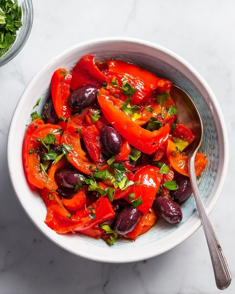 The white bowl is filled with a mix of bright red roasted pepper slices and chopped dark purple olives, scattered evenly throughout. Small pieces of fresh green herbs are sprinkled on top, adding a splash of color. A silver spoon rests inside the bowl on the right side, partially covered by the vegetables. The bowl sits on a white marbled surface, creating a clean and fresh background. photo taken with an iphone --ar 4:5 --v 7