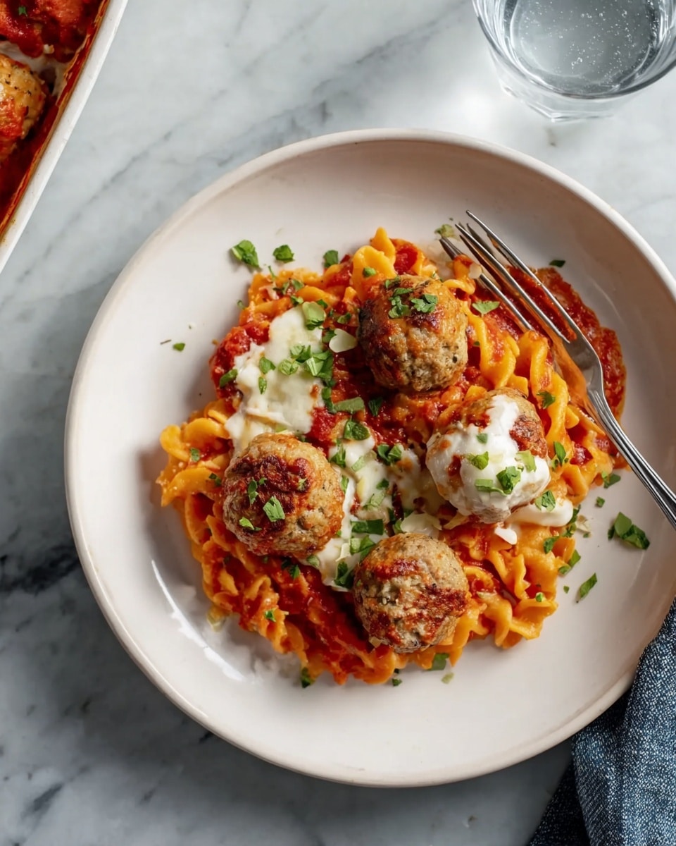 A white round plate holds three small light brown meatballs sitting on top of wavy orange pasta mixed with red tomato sauce. There are dollops of melted white cheese on the pasta and meatballs. Small pieces of green herbs are sprinkled over everything. A silver fork rests on the left side of the plate. The plate is placed on a white marbled surface, and a glass of water is partially visible on the top right. Photo taken with an iphone --ar 4:5 --v 7