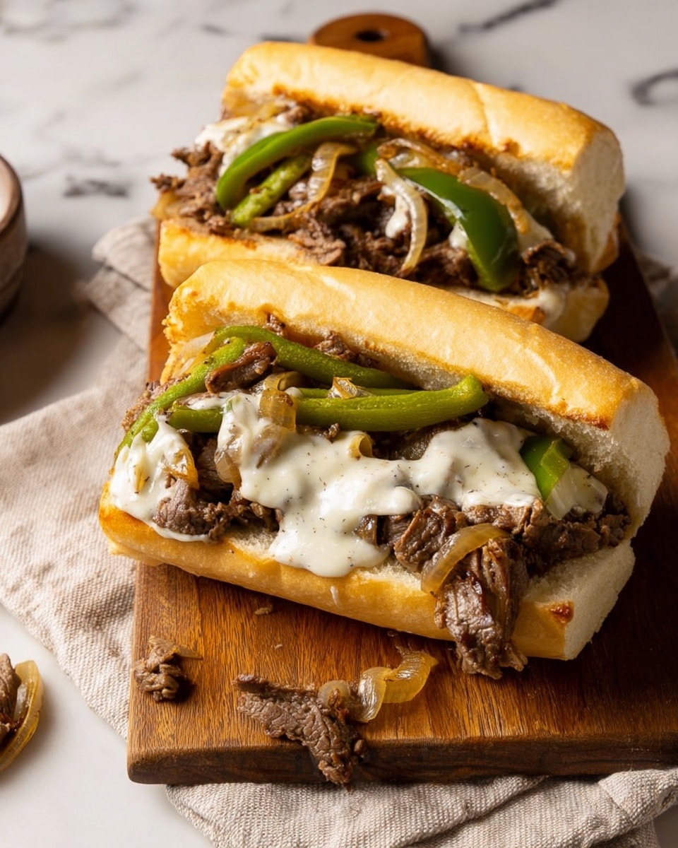 Two sandwiches are placed on a wooden board with a light cloth underneath. Each sandwich has a soft white bread bun as the base and is filled with three main layers: the bottom layer is sliced sautéed beef with a browned texture, the middle layer is cooked green bell pepper slices, and the top layer shows melted white cheese spread unevenly over the beef and peppers. Some sautéed onions with a golden color are mixed in the beef layer, adding texture and detail. A few pieces of filling are scattered around the board on a white marbled surface. photo taken with an iphone --ar 4:5 --v 7