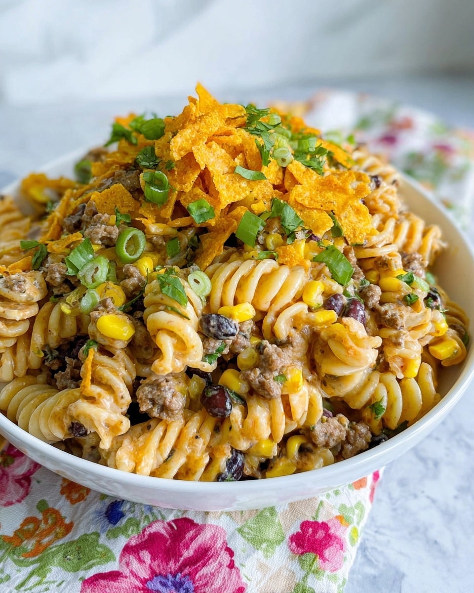 The dish is a close-up of a white bowl filled with creamy spiral pasta mixed with several colorful layers: light yellow spiral pasta, dark brown pieces of ground meat, bright yellow corn kernels, black beans, and small green pieces of celery and herbs. The top layer has crushed orange chips sprinkled over, with green parsley leaves and sliced light green onions scattered on top. The bowl is placed on a white marbled texture surface with a floral cloth partially visible underneath. Photo taken with an iphone --ar 4:5 --v 7