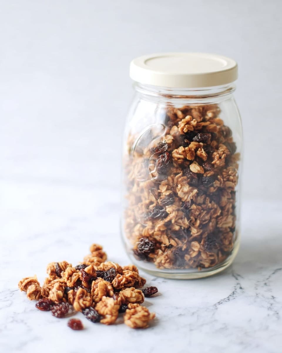 A clear glass jar with a white lid, filled with chunky brown granola mixed with oats and dark raisins, stands on a white marbled surface. In front of the jar, a small pile of granola clusters and raisins are scattered, adding texture and detail to the scene. The background has a soft white gradient that highlights the jar and granola clearly. photo taken with an iphone --ar 4:5 --v 7