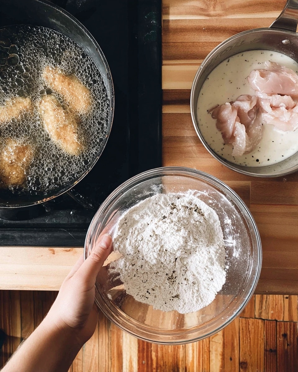 The image shows the process of breading meat. In the center, a woman's hand holds a clear glass bowl filled with white flour, which has a slightly powdery texture, and a spoon in it. To the right on the wooden table, a silver bowl contains pieces of raw light pink meat soaked in a white creamy liquid with black pepper specks. On the left, there is a black stovetop with bubbling hot oil frying some breaded meat, which is golden brown with a rough fried texture. The scene is viewed from above, with wooden floorboards visible at the bottom. photo taken with an iphone --ar 4:5 --v 7