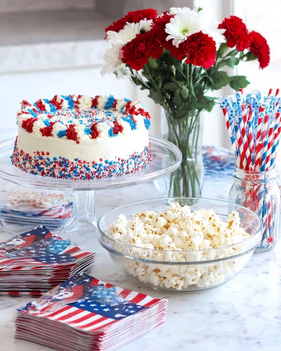 A round cake with three layers of frosting dots in red, white, and blue colors going around the sides, topped with white frosting sprinkled with red and blue pieces, sits on a clear glass cake stand. Next to it is a large clear bowl filled with popcorn drizzled in red and blue. Behind the popcorn is a glass jar holding striped paper straws in red, white, and blue. A bouquet of red carnations and white flowers with green leaves stands in a clear glass vase. Around the table, there are stacks of round white plates and square napkins all printed with the American flag design. The table surface is white marble, and the setting is bright and neat. Photo taken with an iphone --ar 4:5 --v 7