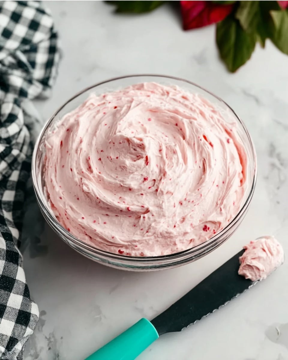 A clear glass bowl filled with a smooth, light pink whipped cream showing small red specks mixed throughout, swirled gently on top creating soft peaks and curves. Next to the bowl is a black spreading knife with a teal handle resting on a white marbled surface, holding a small dollop of the same pink whipped cream. In the background, some green and red leaves are partially visible, and a black and white checkered cloth is placed beside the bowl. Photo taken with an iphone --ar 4:5 --v 7