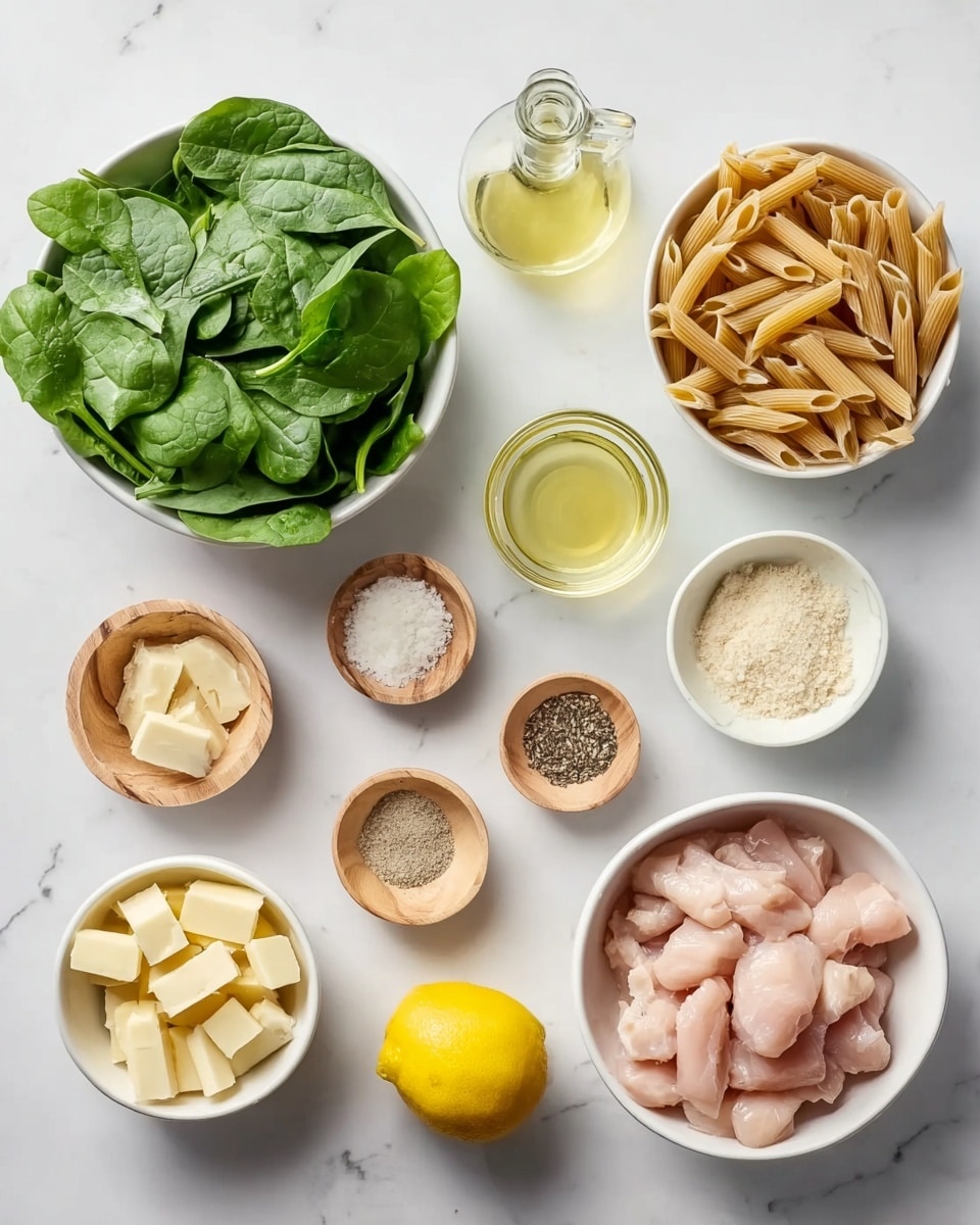 The image shows eleven ingredients arranged neatly on a white marbled surface. Starting at the top left, there is a white bowl full of fresh green spinach leaves with a smooth texture. To its right, a small glass bottle holds a yellowish liquid, and next to that is a white bowl filled with uncooked penne pasta, light brown in color and dry. Below these, three small wooden bowls contain minced garlic (pale beige), grated white cheese, and a mix of salt and black pepper. At the bottom left, there is a white bowl filled with small pale yellow cubes of butter. Towards the bottom center, a whole yellow lemon sits next to a small glass container filled with light yellow juice. On the bottom right, a white bowl contains raw, pale pink chicken pieces, cut into small chunks. Everything is placed cleanly with no clutter, all on the white marbled surface. Photo taken with an iphone --ar 4:5 --v 7