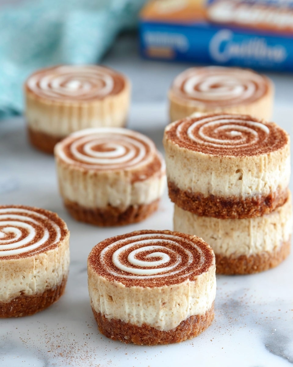 There are five small round cakes with three visible layers on a white marbled surface. Each cake has a bottom crust layer in light brown, a middle creamy beige layer with some darker spots, and a top layer with a light dusting of brown powder, likely cinnamon. On the top of each cake, there is a white spiral swirl of cream. Two of the cakes are stacked on top of each other while the other three are placed separately around them. In the background, there is a blurred blue and white box. photo taken with an iphone --ar 4:5 --v 7