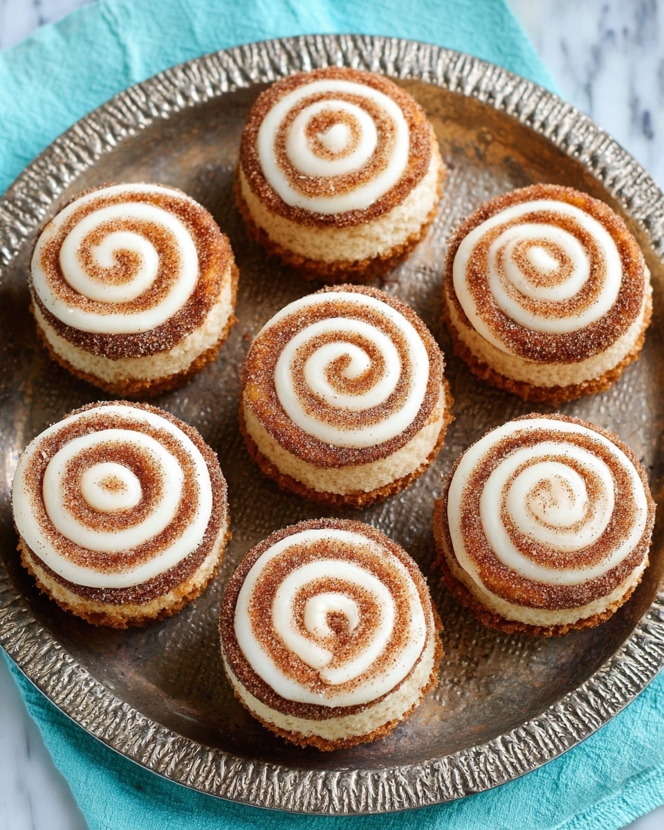 The image shows six round cupcakes arranged in a circle on a large, round, silver tray with a textured surface. Each cupcake has two layers: the bottom layer is light beige with a soft, spongy texture, and the top layer is a darker brown with a slightly rough texture, sprinkled lightly with sugar or cinnamon. On top of each cupcake, there is a white icing swirl that starts from the center and coils outward evenly. The tray is placed on a light blue cloth, and the background is a white marbled texture. photo taken with an iphone --ar 4:5 --v 7