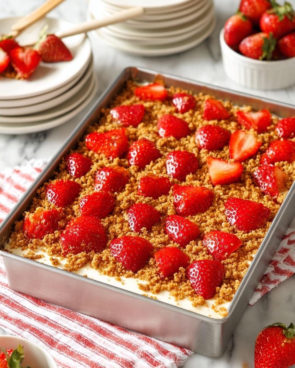 A rectangular dessert in a metal tray shows three layers: a bottom white creamy layer, a middle layer of golden brown crumbly topping, and a top layer of fresh red strawberries cut in half placed evenly across the surface. The crumbly layer looks crunchy with varying sizes of crumbs. The strawberries add a bright red color contrast, and the dessert is set on a white marbled surface next to a white bowl with whole strawberries and white plates stacked in the background. Photo taken with an iphone --ar 4:5 --v 7