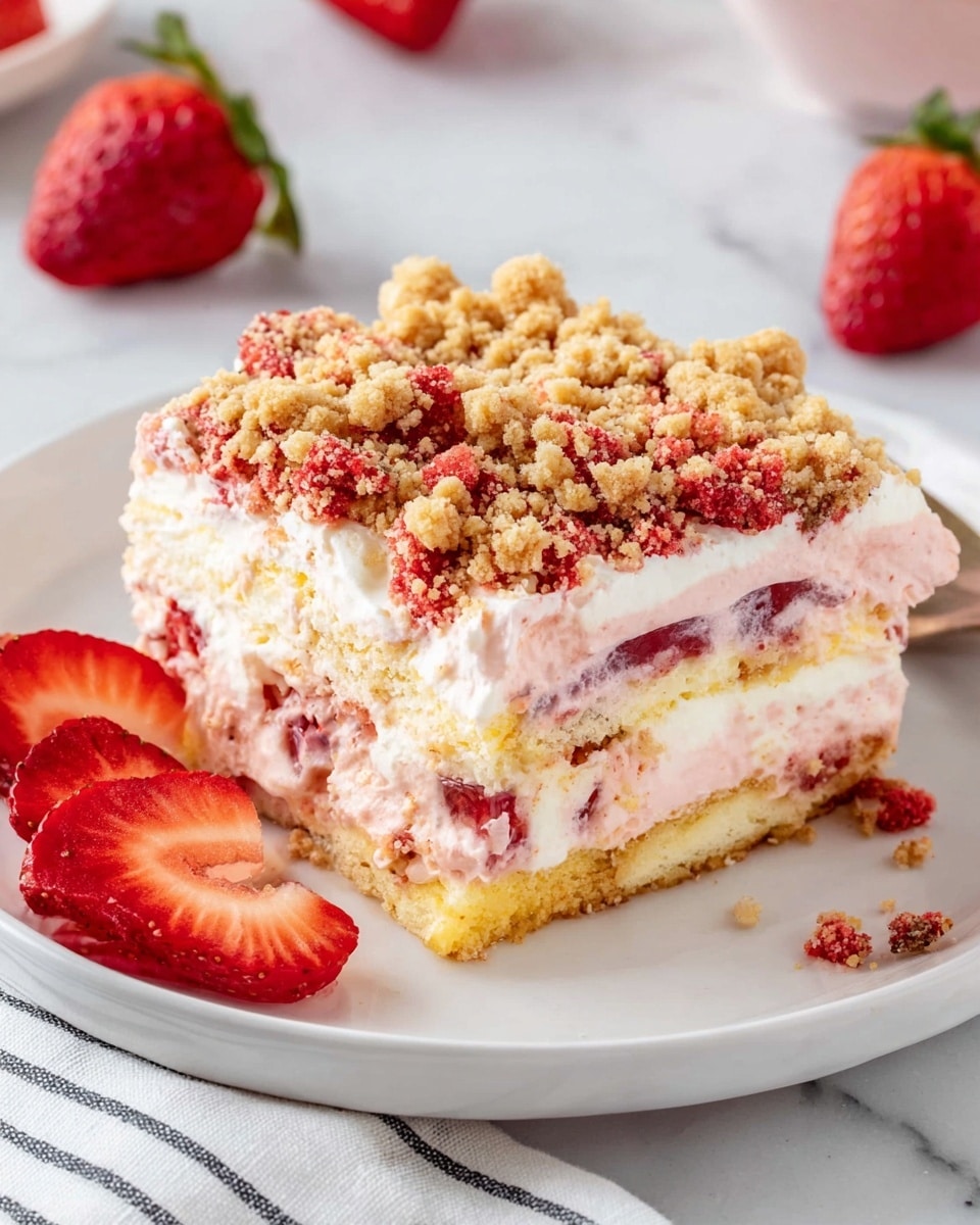 A square slice of layered dessert on a white plate with a white marbled surface underneath. The dessert has four visible layers: the bottom layer is light pink and creamy with pieces of red strawberry embedded; above it is a thin yellow cake layer; next is a thick white creamy layer; on top is a crumbly streusel topping in light brown with bright red berry bits scattered throughout. Around the plate, there are fresh strawberry halves with green stems. A white cloth with thin black lines is near the plate. Photo taken with an iphone --ar 4:5 --v 7