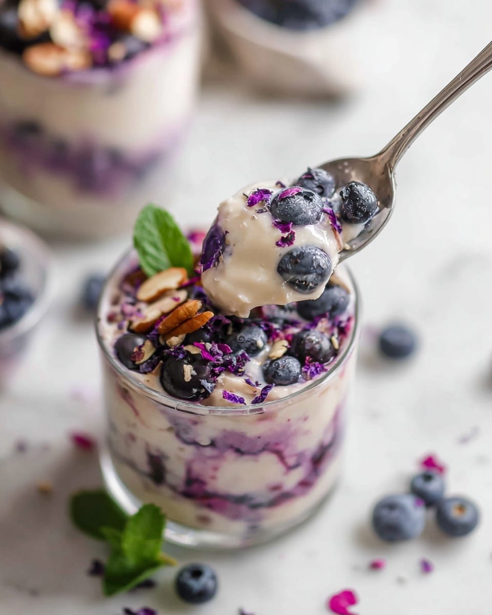 A clear glass filled with three visible layers starts with a creamy white mixture at the bottom, topped by a soft purple layer with blueberries mixed in, and finished with a layer including whole blueberries, small nuts, and purple flakes. A silver spoon scoops from the top, showing the creamy and purple mix with blueberry chunks. A fresh green mint leaf peeks from the bottom of the glass. The glass is placed on a white marbled surface with scattered blueberries and purple flakes around. Another glass of the same dessert blurs in the background. Photo taken with an iphone --ar 4:5 --v 7