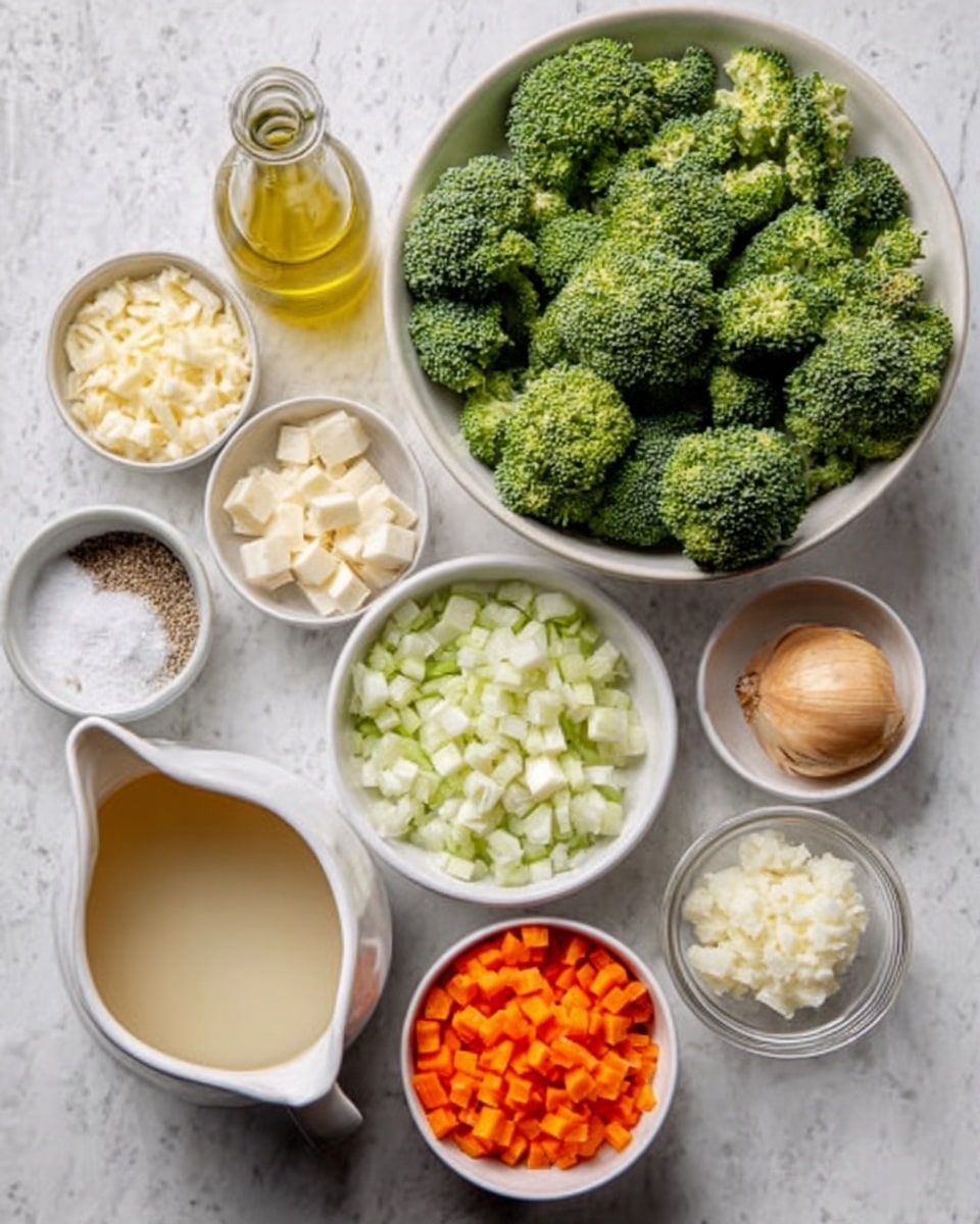 The image shows several white bowls and a white pitcher arranged on a white marbled surface, each containing different ingredients. In the largest bowl, bright green broccoli florets fill the space. Smaller bowls hold diced orange carrots, finely chopped onions, minced garlic, white cubed cheese, and a light beige paste that looks like ginger or garlic paste. There is also a clear container with light brown broth and a white pitcher filled with a creamy white liquid, along with small bowls of salt and pepper. A small glass bottle of olive oil is also included in the arrangement, creating a clean and organized setup. photo taken with an iphone --ar 4:5 --v 7