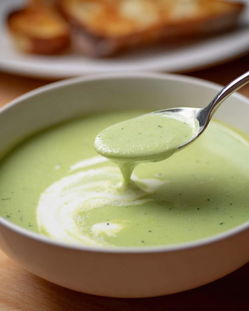 A close-up view of a white bowl filled with light green creamy soup that has a smooth texture with tiny bits inside. A spoon is lifting some soup, showing its thick but soft consistency. There is a swirl of white cream gently mixed on the soup's surface, adding a slight contrast in color and texture. The bowl sits on a wooden surface with a blurred white plate holding toasted bread in the background. Photo taken with an iphone --ar 4:5 --v 7