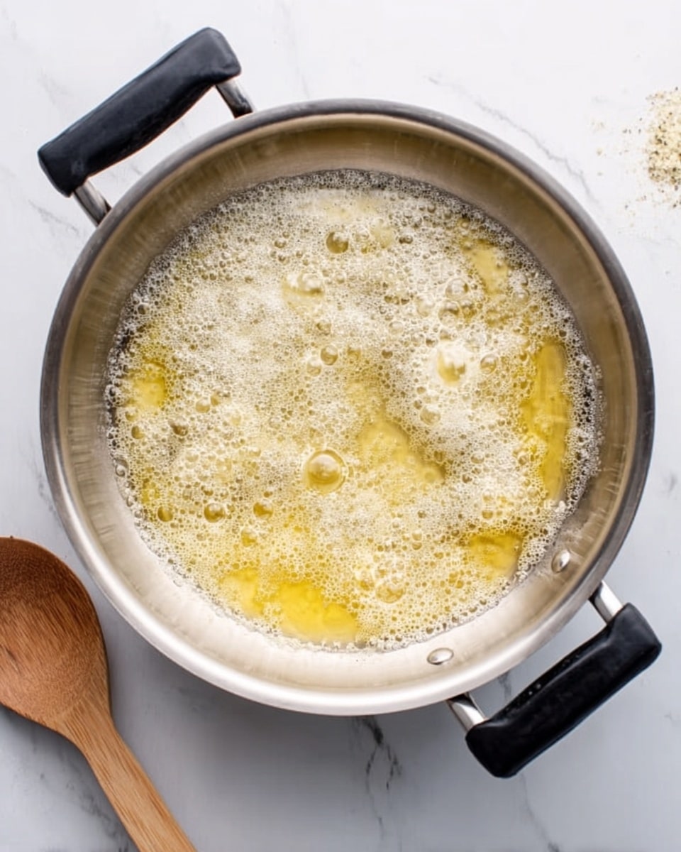 A close-up of a silver pan with melted butter bubbling and foaming on the white marbled surface, showing a mix of golden-yellow liquid and white frothy areas across the pan's base. The pan has black handles on each side and is placed on a white marbled surface next to a wooden spoon. photo taken with an iphone --ar 4:5 --v 7