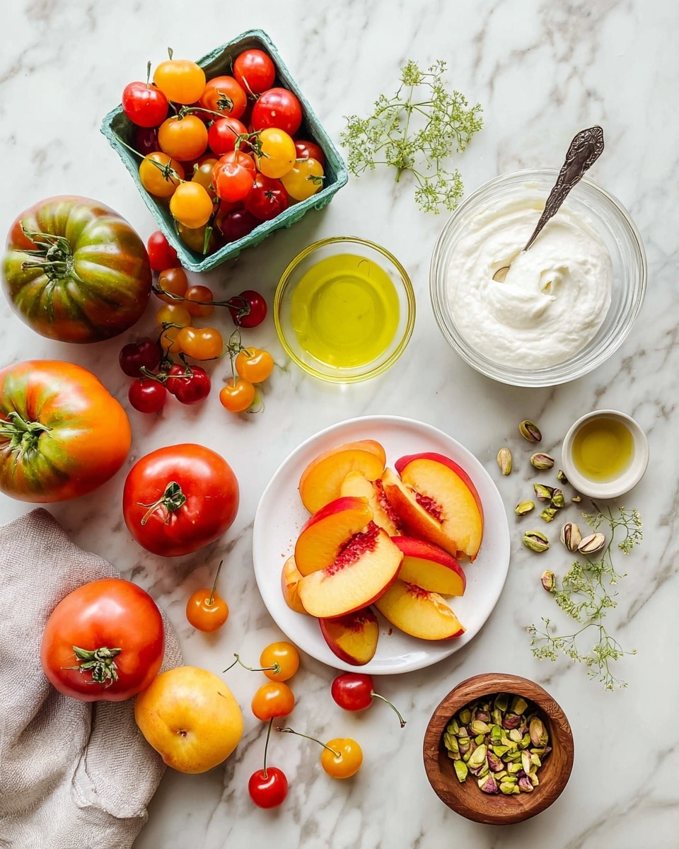 The image shows fresh and colorful ingredients arranged neatly on a white marbled surface. In the center bottom is a small white plate with several peach slices, with a reddish outer skin and soft orange inside. To the left, a small green container is filled with bright red and yellow cherries with stems. Near the plate, there is a glass bowl filled with smooth white cream. Surrounding these central items are various tomatoes of different sizes and colors: large red, green-yellow, deep red-brown, and small orange-yellow cherry tomatoes in clusters. A small glass bowl with light yellow olive oil is nearby, along with a silver spoon holding some oil. Also present is a small round wooden bowl with chopped pistachios and fresh green herb sprigs scattered around. The whole setup is soft-lit, fresh, and vibrant, evoking a feeling of natural and healthy ingredients. Photo taken with an iphone --ar 4:5 --v 7