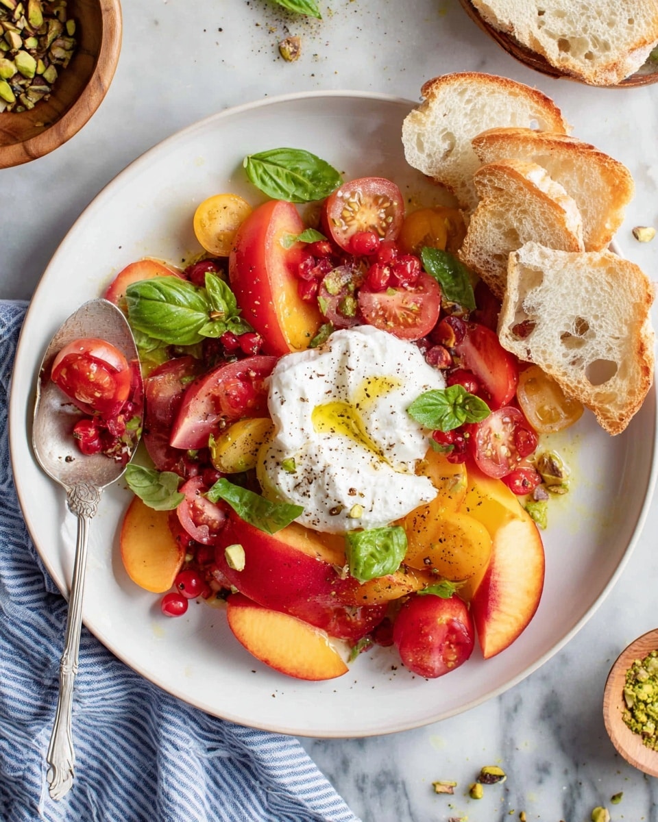 A white bowl holds a salad with many colorful layers. In the middle, there is a soft white cream with a drizzle of light oil and a sprinkle of black pepper. Surrounding the cream, there are fresh slices of red, green, and yellow tomatoes with smooth shiny textures. Bright orange and red cherry tomatoes, whole yellow and red cherries, and peach slices with soft orange hues create a mix around the bowl. Fresh green basil leaves are scattered on top with small pieces of chopped nuts. The bowl sits on a white marbled background. photo taken with an iphone --ar 4:5 --v 7