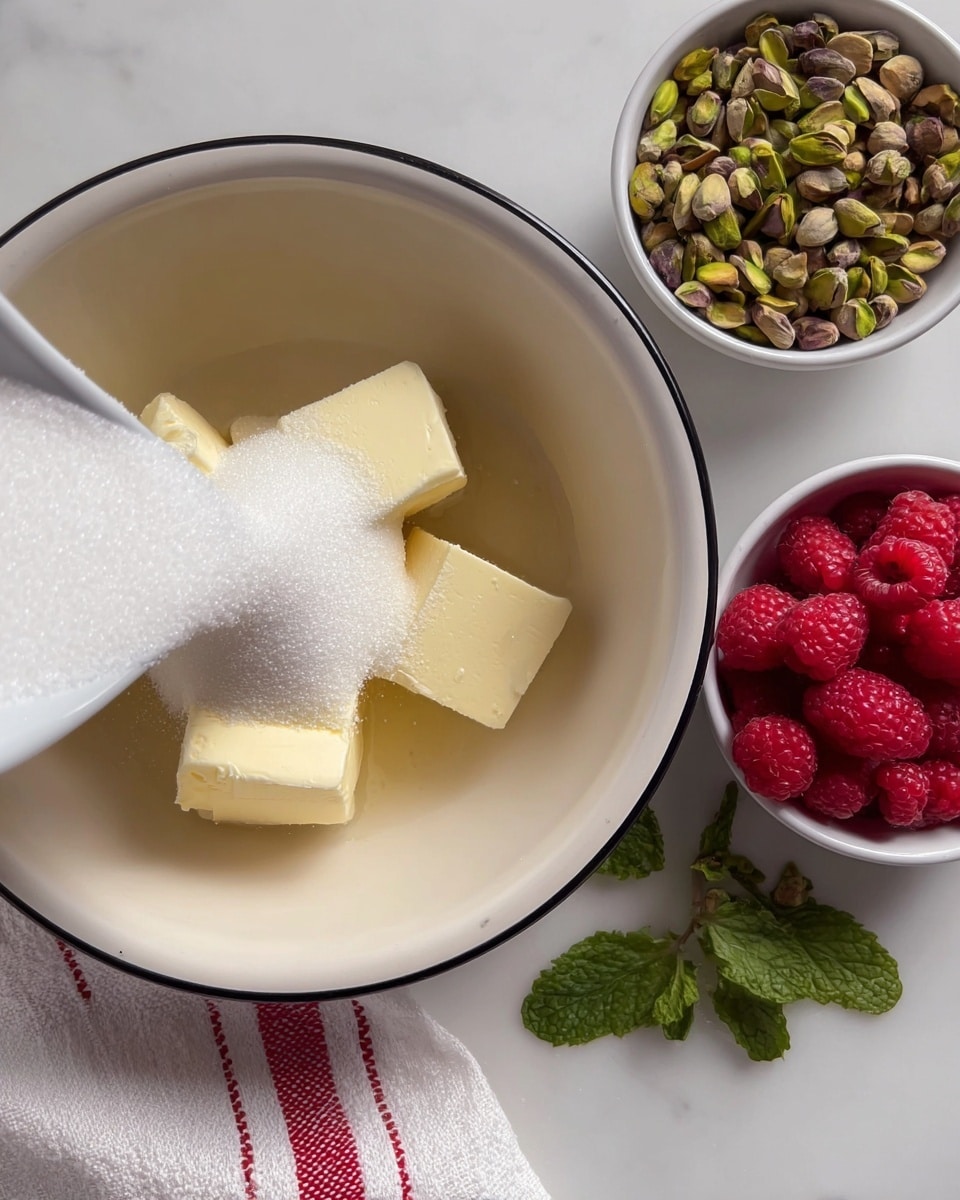 A white bowl with a black rim contains several pale yellow blocks of butter at the bottom. White granulated sugar is being poured over the butter from above, creating a small pile of sugar on top. To the top right of the bowl, a small white bowl is filled with shelled pistachios showing shades of green and brown. Next to the pistachios, another white bowl holds bright red raspberries. Both bowls rest on a white marbled surface, with a folded white and red striped cloth underneath the raspberry bowl. Fresh green mint leaves are scattered near the pistachios on the marbled background. Photo taken with an iphone --ar 4:5 --v 7