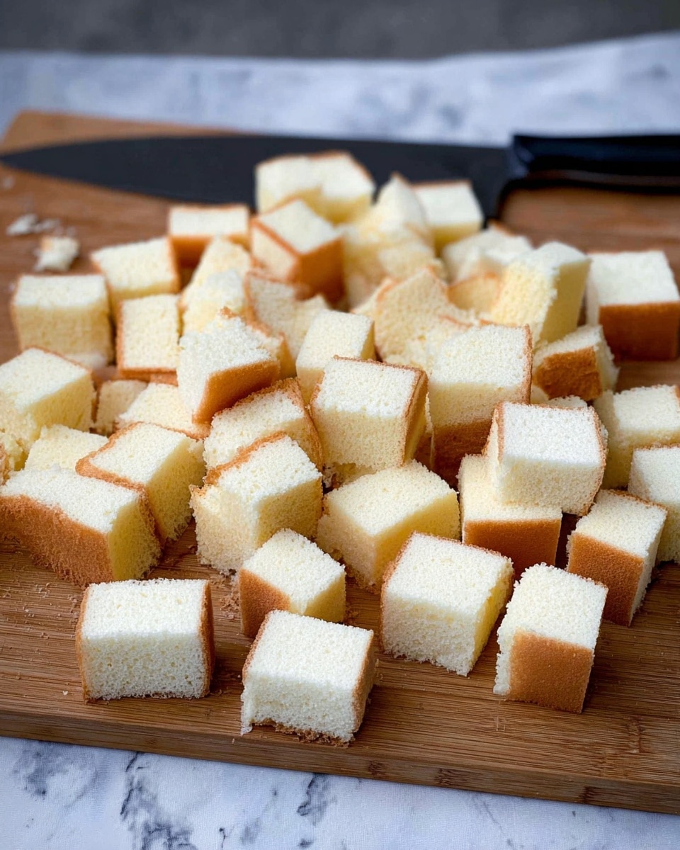 The image shows many small cubes of soft yellow sponge cake with light brown edges spread across a wooden cutting board. The cubes are neatly cut into uniform sizes in the front area with some pieces stacked or scattered more casually in the back. A large black knife is visible in the background on the left side on the board. The texture of the sponge cake looks fluffy and porous, and the brown crust surrounds each piece. The background surface is a white marbled texture. Photo taken with an iphone --ar 4:5 --v 7
