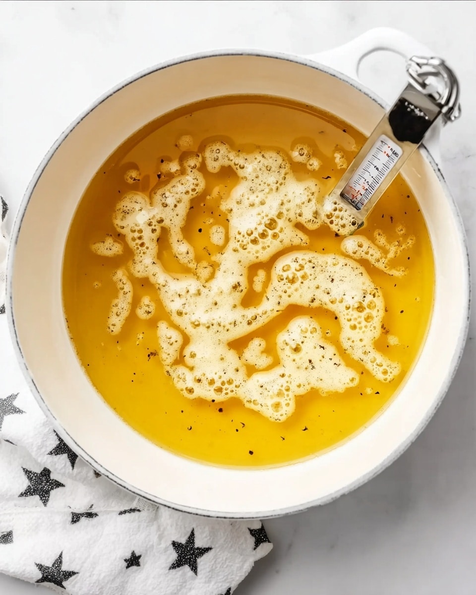 A white pot filled with golden oil that has bubbles forming on the surface, with light foam and some small darker specks floating in it. A silver deep-frying thermometer is clipped on the side of the pot, showing the temperature in the hot oil. The pot is placed on a white marbled surface with a white cloth that has black star and dot patterns nearby. photo taken with an iphone --ar 4:5 --v 7