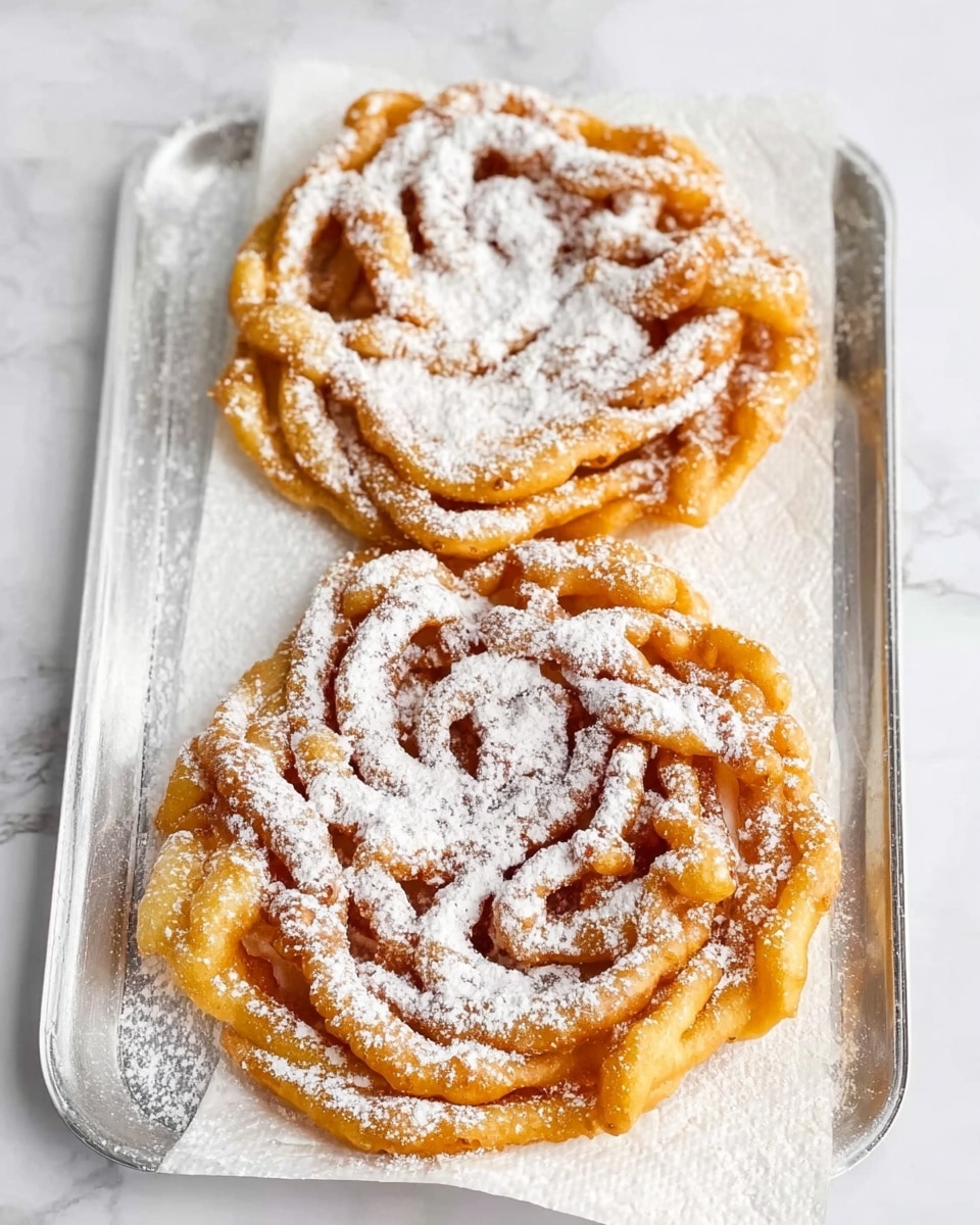 Two golden brown funnel cakes with a slightly crispy edge are placed on a white paper towel inside a silver tray. Each funnel cake is layered in a swirling pattern creating a textured, circular shape. The top is dusted generously with white powdered sugar, adding a soft contrast to the warm fried dough underneath. The background is a white marbled surface. photo taken with an iphone --ar 4:5 --v 7