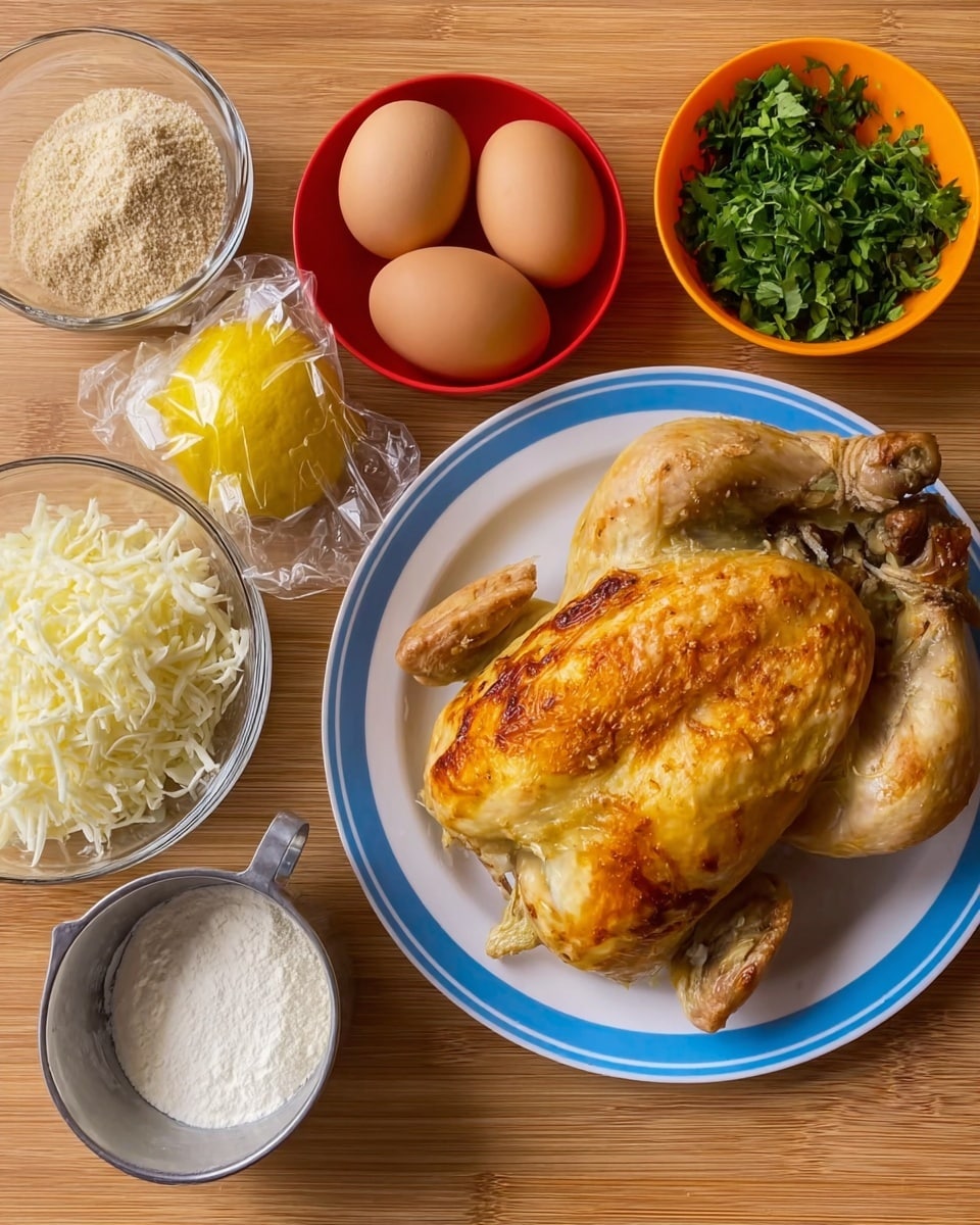 The image shows a whole cooked chicken with a golden brown skin placed on a white plate with blue rings near the edge. Around the plate, there are two brown eggs, a small bunch of fresh green herbs in clear plastic wrap, a whole yellow lemon, a clear glass bowl filled with shredded white cheese, a red bowl with light brown dry crumbs, an orange bowl holding a white creamy sauce, and a metal measuring cup filled with white powder, all arranged on a wooden table. photo taken with an iphone --ar 4:5 --v 7