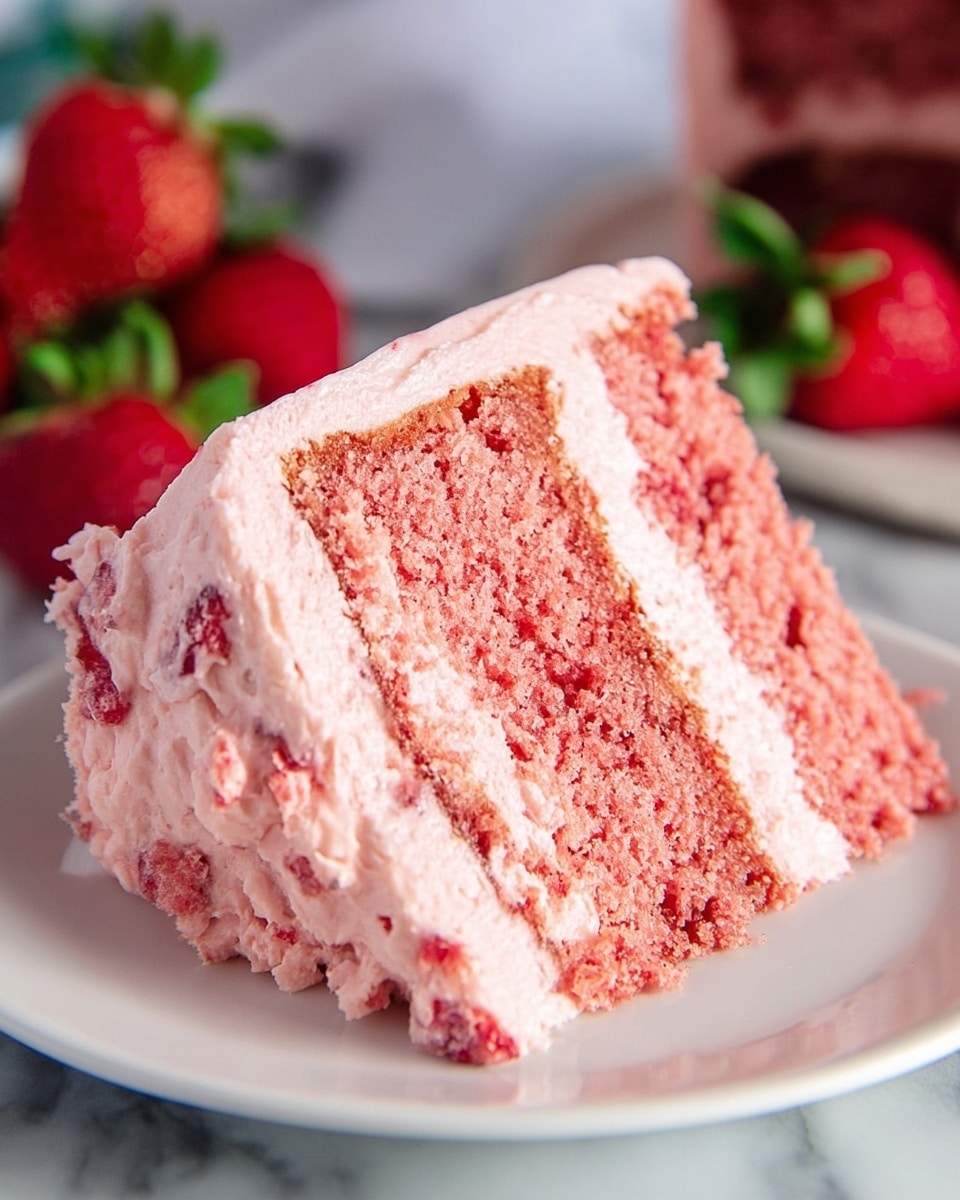 A small round cake with two visible layers covered in thick, textured pink strawberry frosting that has small red specks throughout, sitting on a white marble surface. The top layer is decorated with one whole strawberry sliced in half, showing its bright red inside and green leaves. Around the cake, a few fresh strawberries with green tops are placed. In the background, there is a white plate and a white bowl filled with fresh strawberries on the white marble surface. A woman's hand is about to hold the plate. The lighting is soft and natural, highlighting the texture and color of the cake and strawberries. photo taken with an iphone --ar 4:5 --v 7
