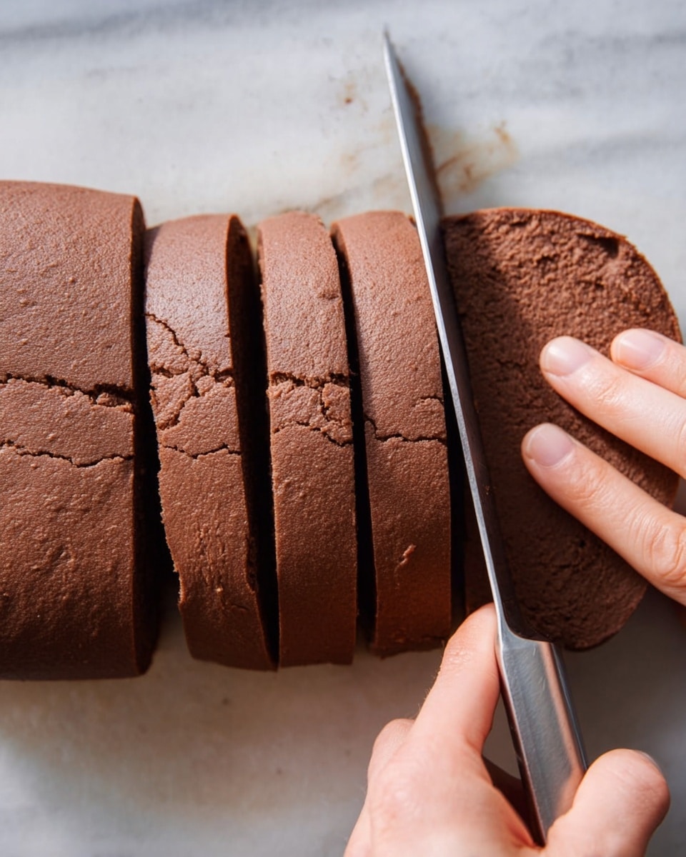 The image shows a close-up of four thick slices of soft chocolate dough lined up horizontally on a white marbled surface. A large silver knife is slicing the dough, held by a woman's hand with natural nails, positioned at the edge of the dough. The dough has a smooth, dense texture with a rich, dark brown color, and a few tiny cracks on the top surface. The lighting gently highlights the moist interior and flat, clean edges of the slices. Photo taken with an iphone --ar 4:5 --v 7
