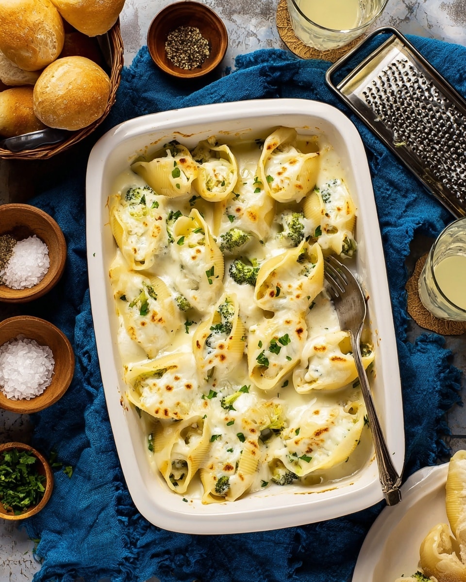 The image shows a white rectangular baking dish filled with large pasta shells layered with a creamy white sauce, melted cheese, and small green broccoli pieces. The shells are arranged so some overlap, and the top layer is sprinkled with chopped green herbs. The dish sits on a blue cloth with a fork inside the baking dish on the right side. Around the dish, there is a white marbled surface holding a cheese grater with a block of cheese, bowls of salt and pepper, a basket of bread rolls on a blue cloth, and two glasses with a light-colored drink. Photo taken with an iphone --ar 4:5 --v 7