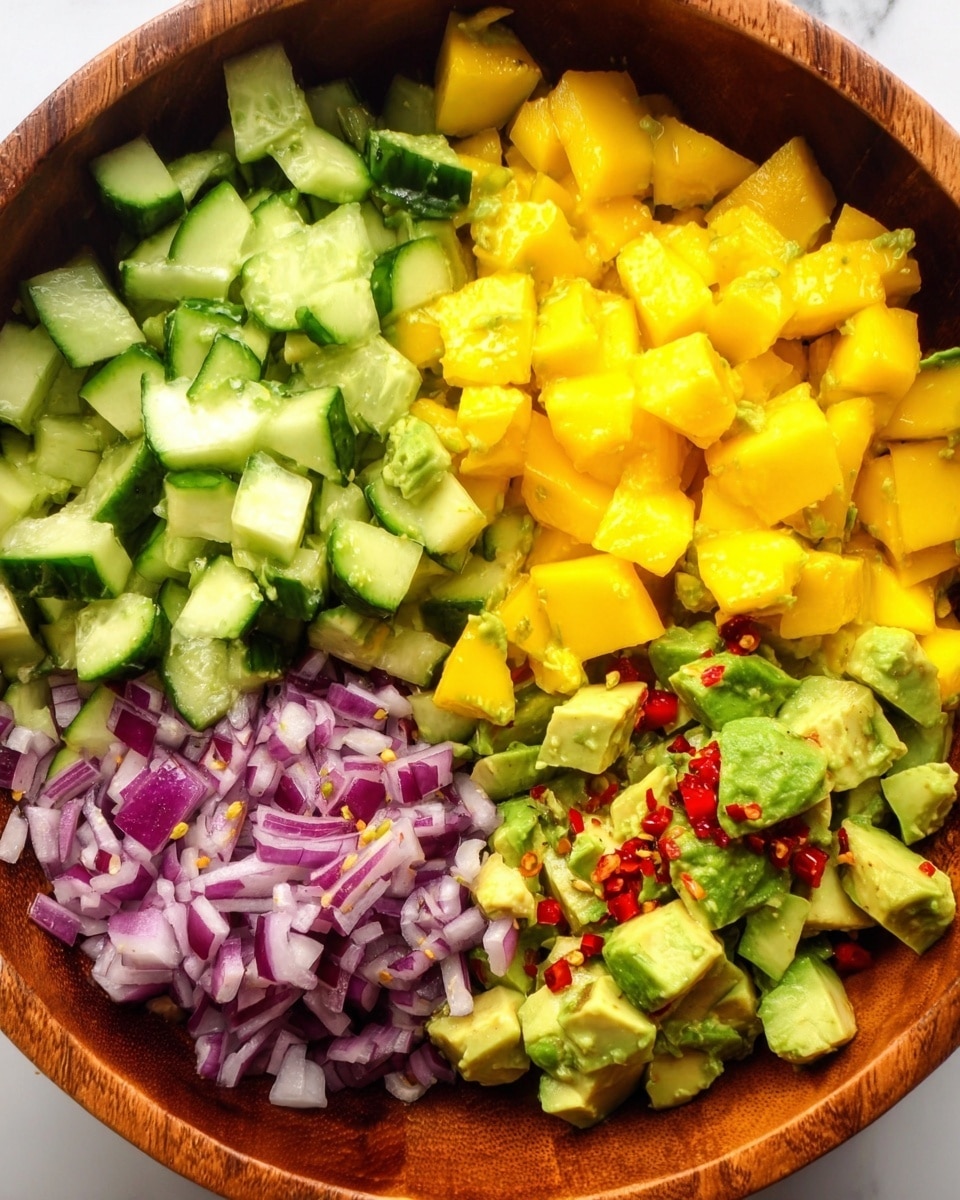 The image shows a wooden bowl filled with four main layers of chopped ingredients arranged separately. In the top right section, there are bright yellow mango chunks with a juicy texture. The top left section has light green cucumber pieces with dark green edges from the skin. The bottom right section features green avocado cubes sprinkled with red chili flakes, adding a touch of texture and color contrast. Finally, the bottom left section contains finely chopped purple onions mixed with small red bell pepper pieces, adding a mix of purples and reds. The bowl sits on a white marbled surface. Photo taken with an iphone --ar 4:5 --v 7