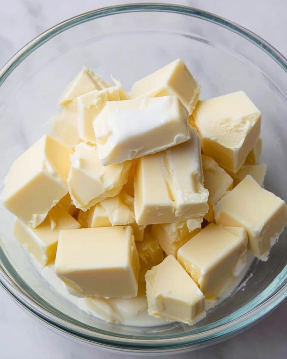 A clear glass bowl filled with several uneven chunks of pale yellow white chocolate pieces stacked loosely, with a small amount of white cream poured over the top, all sitting on a white marbled surface. photo taken with an iphone --ar 4:5 --v 7