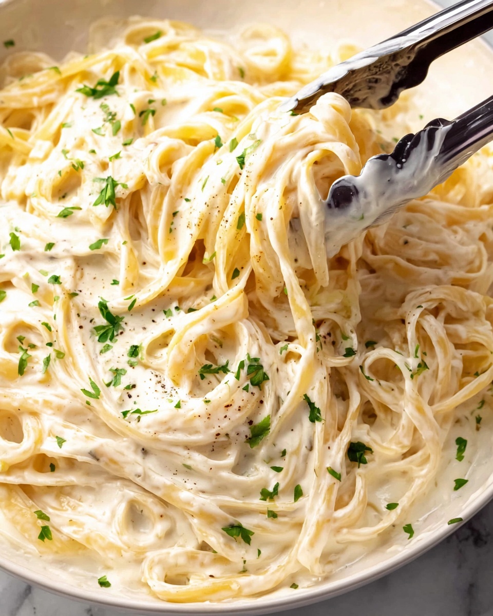 The image shows a close-up of creamy fettuccine pasta in a white dish, covered in a smooth, thick white sauce. The pasta strands are shiny and layered in a slightly messy way, with fresh green parsley pieces sprinkled evenly on top. A pair of shiny silver tongs is holding and lifting some of the pasta, with the tips covered in sauce. The background is a white marbled texture. Photo taken with an iphone --ar 4:5 --v 7