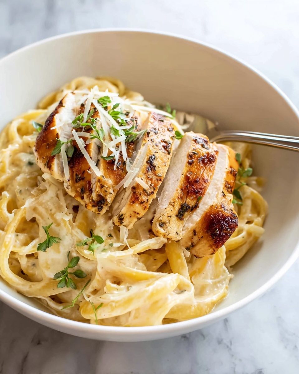 A white bowl filled with creamy pasta layered at the bottom, with a smooth texture and light yellow color, coated well in sauce. On top, there are three pieces of grilled chicken sliced and stacked slightly overlapping; the chicken has a golden-brown outer layer with visible herbs and seasoning. The dish is garnished with finely shredded white cheese and small green herb leaves sprinkled on top. In the background, a silver fork rests inside the bowl. The surface beneath the bowl has a white marbled texture. photo taken with an iphone --ar 4:5 --v 7