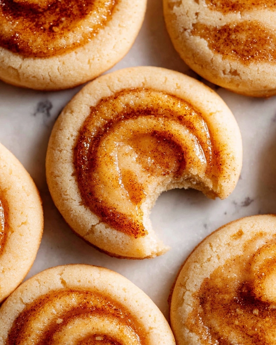 The image shows several round cookies on a white marbled surface, each cookie has two layers: the bottom layer is a light beige, smooth and thick biscuit base, while the top layer is a shiny, golden caramel-like swirl with a glossy texture and a hint of brown specks, possibly cinnamon or spice. The caramel layer is slightly raised and has a soft, bubbling look. A golden spoon rests next to the cookies on the right side. Photo taken with an iphone --ar 4:5 --v 7