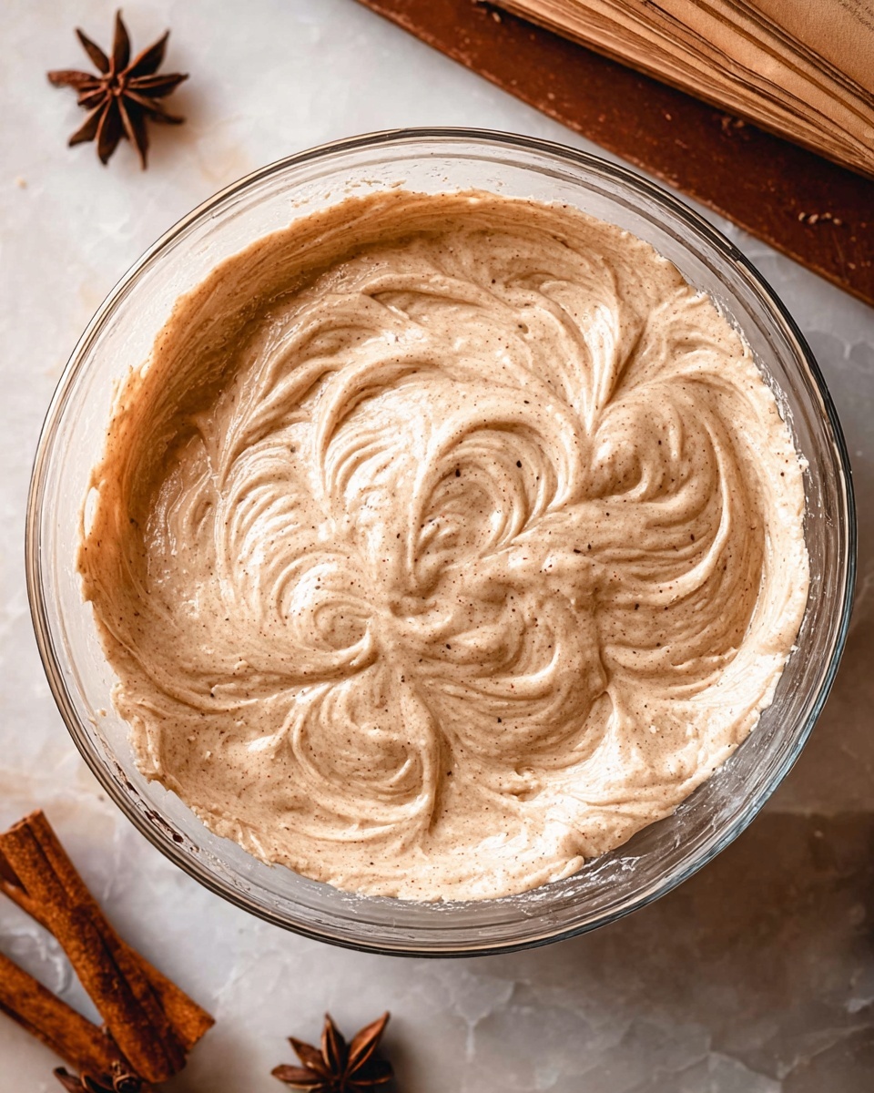 A clear glass bowl filled with a single layer of light brown, smooth, and fluffy batter with visible tiny specks, swirled gently on top to show a soft, airy texture. The bowl sits on a white marbled surface with star anise and cinnamon sticks nearby, and an old open book partially seen at the edge. The overall look is warm and cozy, with natural lighting that highlights the batter's creamy swirl patterns photo taken with an iphone --ar 4:5 --v 7