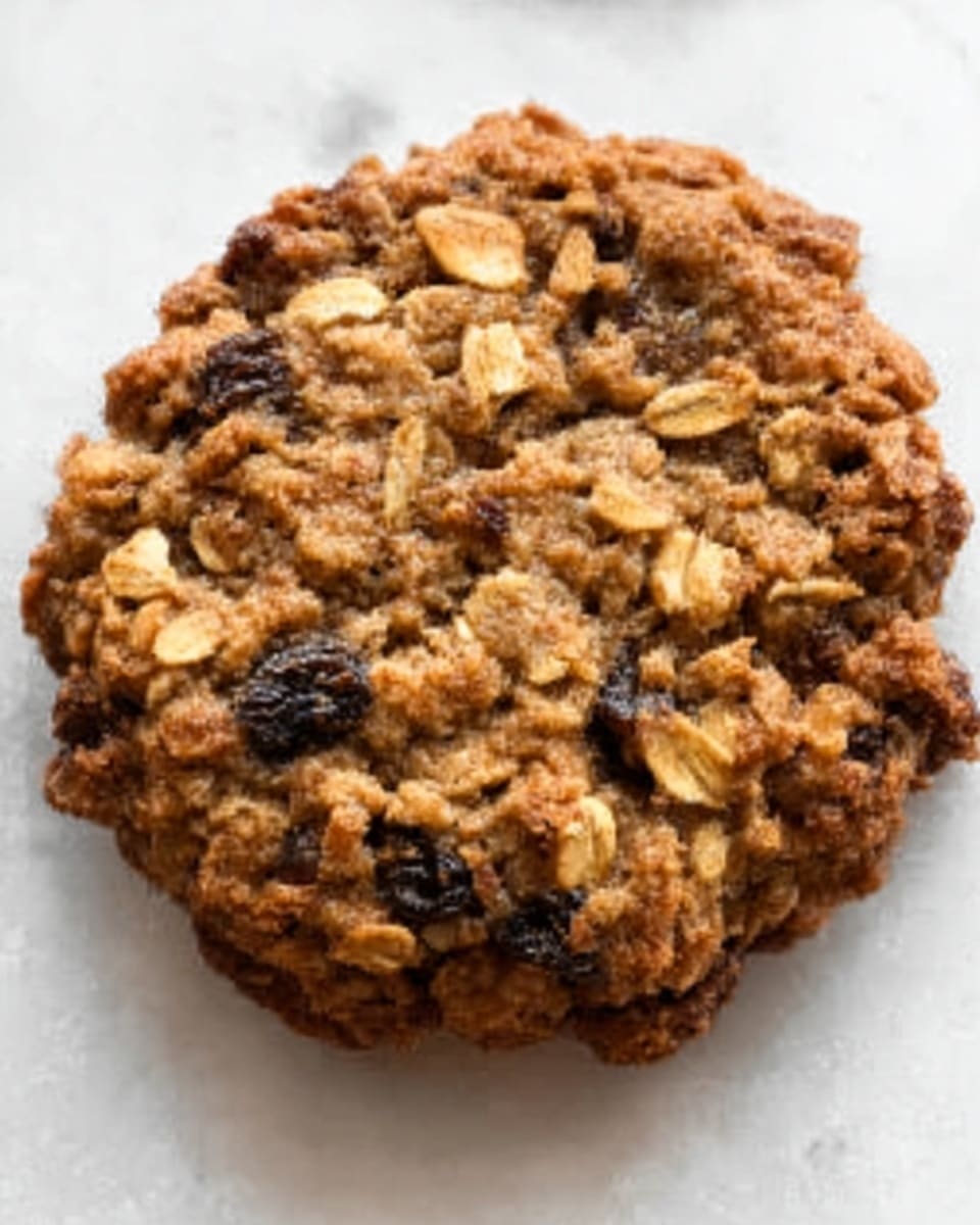 The image shows six round oatmeal cookies with chocolate chips scattered on a white plate. Each cookie is textured with visible rolled oats and small dark chocolate pieces, giving them a rough and chunky look. The cookies are golden brown with some darker browned edges, showing a baked and slightly crisp texture. They are arranged in a loose pattern on the white plate, which sits on a white marbled surface. photo taken with an iphone --ar 4:5 --v 7