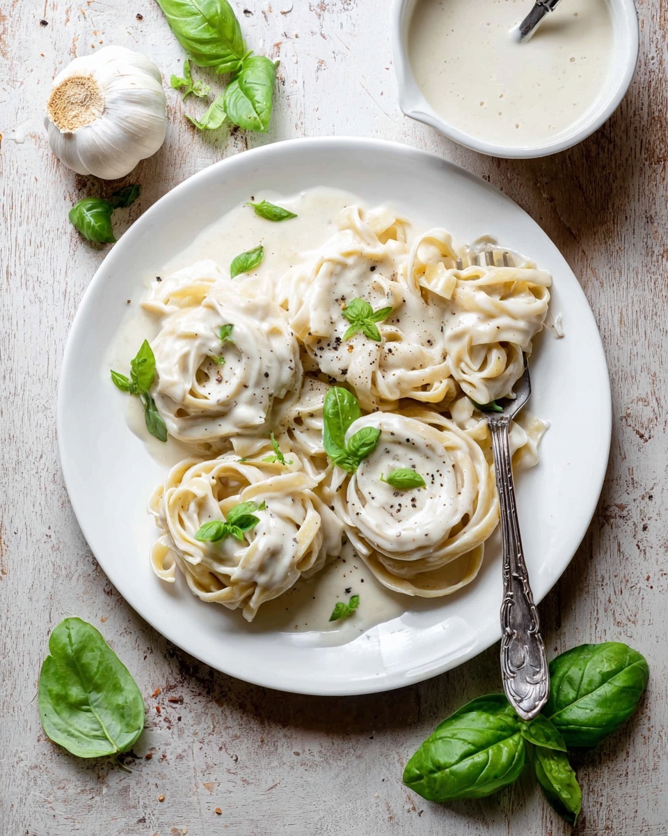 A white plate holds three small twisted nests of creamy pasta coated in thick, smooth white sauce with visible specks of black pepper. Fresh green basil leaves are placed on and around the pasta, adding a pop of bright color. A silver spoon is stuck into the pasta on the right side. Around the plate, a few basil leaves are scattered on a white marbled surface, along with a whole bulb of garlic in the upper left corner and a small white bowl filled with thick white sauce with a second silver spoon resting inside it on the upper right. photo taken with an iphone --ar 4:5 --v 7