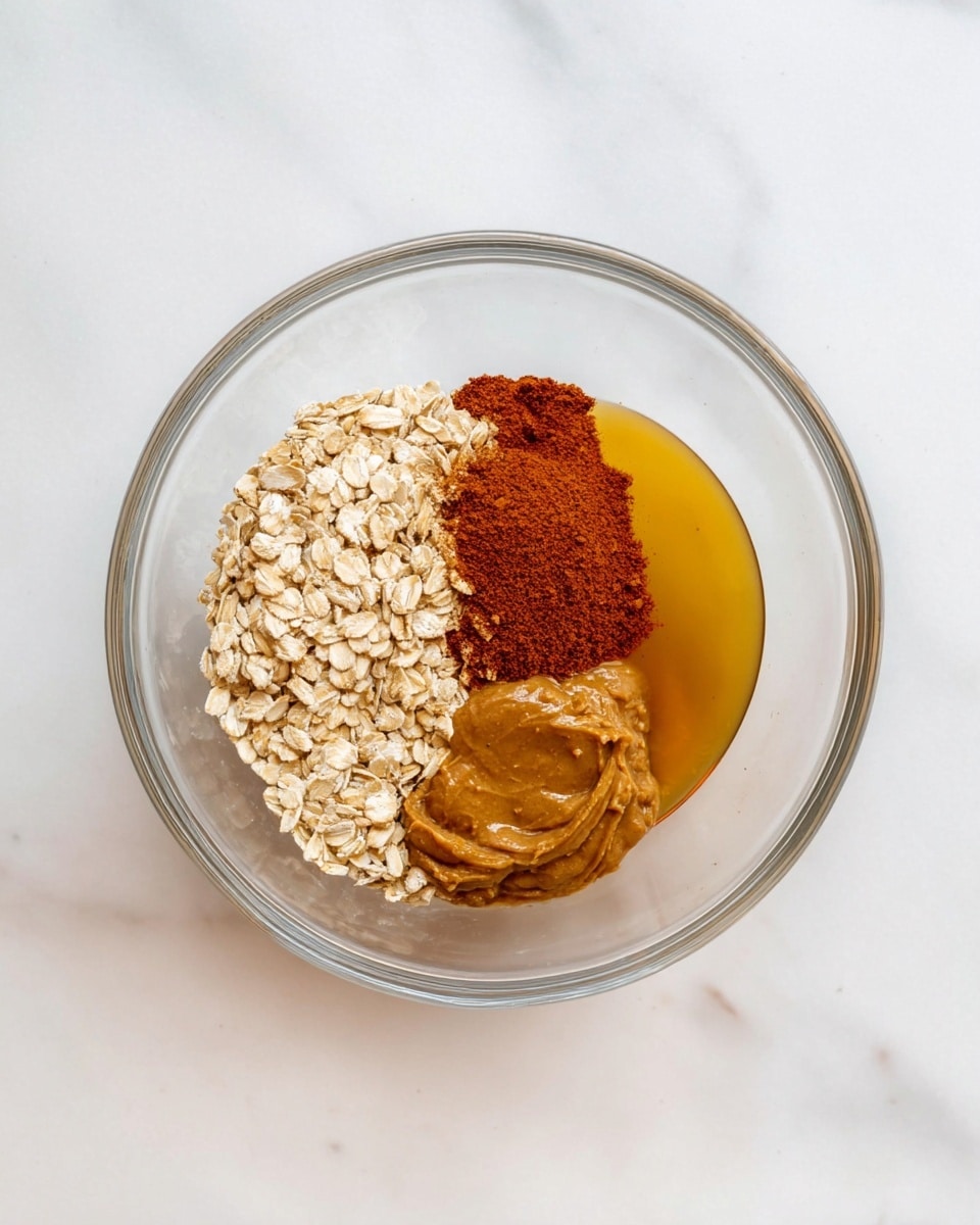 A clear glass bowl sits on a white marbled surface, holding four separate layers of ingredients arranged side by side without mixing. One layer shows a group of light beige oats with a coarse texture, next to a pile of fine reddish-brown cinnamon powder on one side. Beside the oats is a golden amber liquid, likely syrup or honey, shining under the light. Lastly, a thick, smooth layer of brown nut butter fills the remaining space, having a creamy texture. The image is clean and bright with a top-down view. photo taken with an iphone --ar 4:5 --v 7
