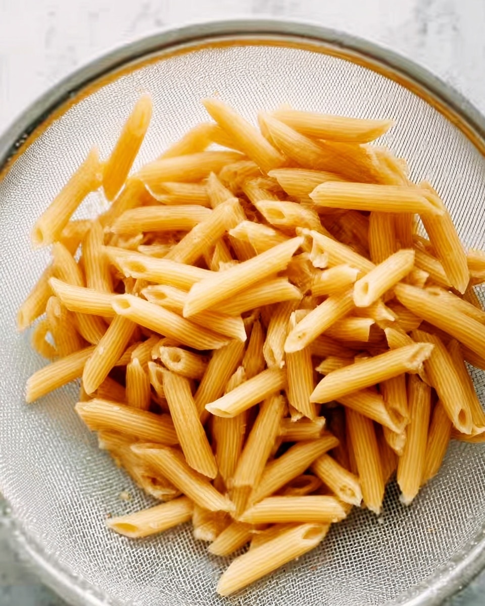 A close-up of cooked penne pasta in a white mesh strainer. The pasta is light golden yellow and looks firm, with smooth texture and slightly open ends. The strainer is held over a clean white marbled surface, with water droplets visible on the pasta and strainer edges. The overall scene is bright and simple. Photo taken with an iphone --ar 4:5 --v 7